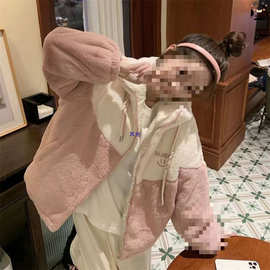仿兔毛冬款毛毛外套加棉加厚2026新款拼色抽绳立领宽松长袖刺绣款