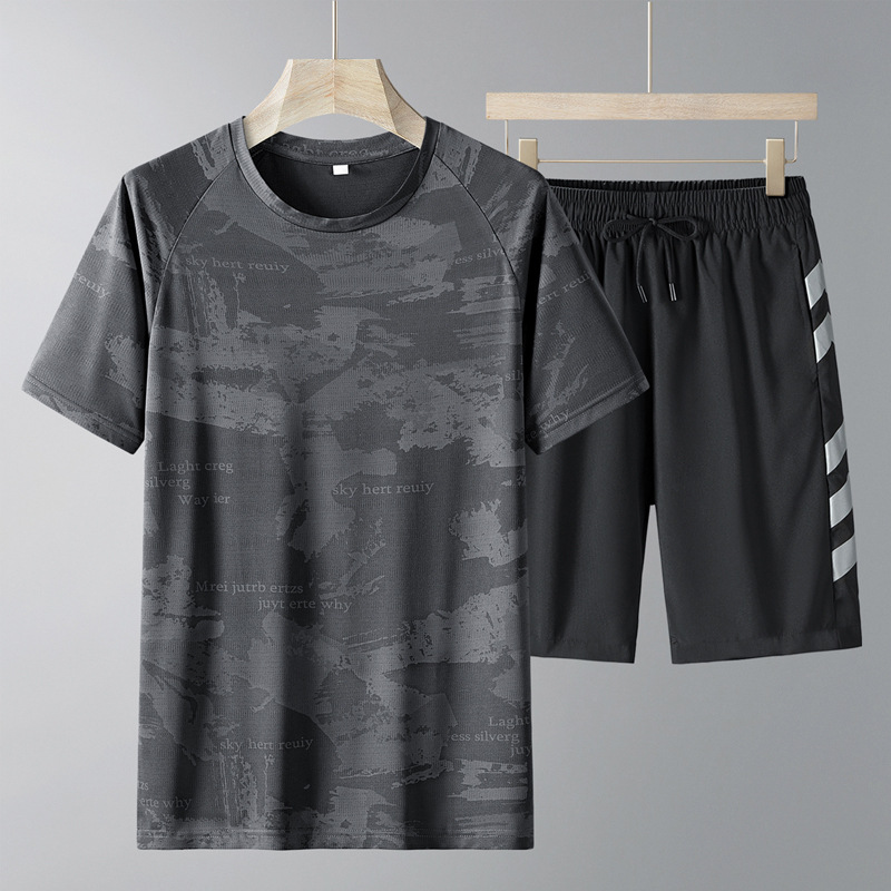 Transfronterizos de verano manga corta traje casual hombre suelto hielo traje de correr pantalones cortos secos rápidos traje deportivo hombre grande