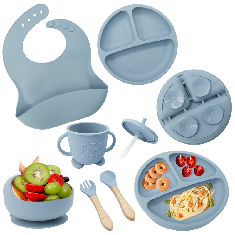 Conjunto de cubiertos de silicona para niños cubiertos de alimentación de grado alimenticio para bebés cubiertos de alimentación integral a prueba de caídas tazón taza de paja