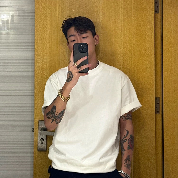 [32 cotton plain weave] 400g double yarn British yuppie men's t-shirt small neckline short sleeve white inner backing t