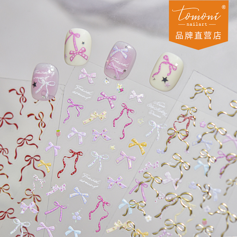Tomoni Embossed Nail Art Stickers Ins Style Popular Modern Minimalist Nail Stickers Red Bow Nail Art Accessories
