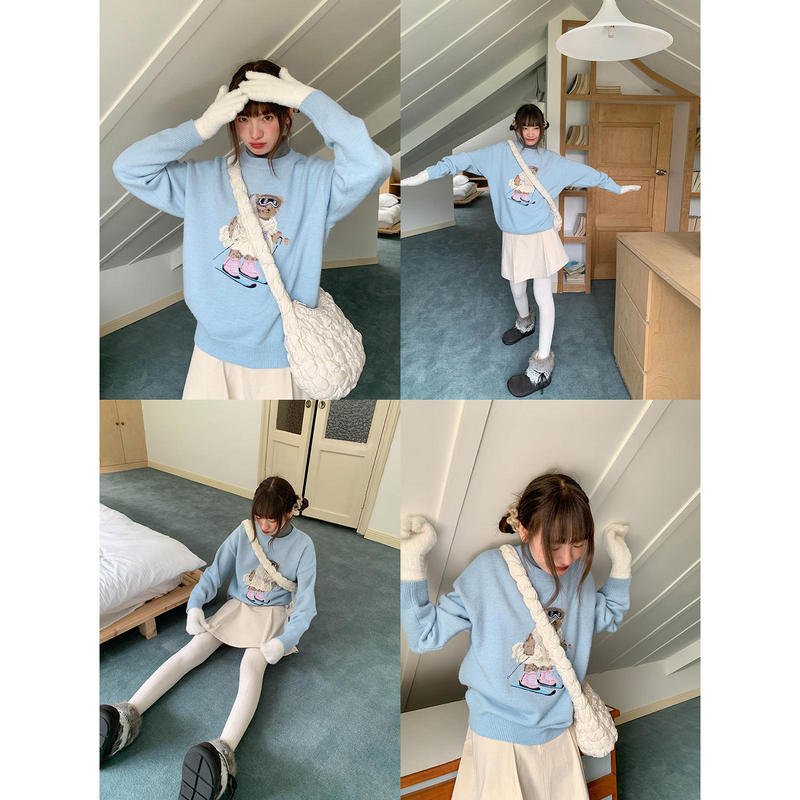 Cute Ski Bear Jacquard Knitted Sweater for Women, Autumn Lazy Soft Pullover Casual Top Cute Ski Bear Jacquard Knitted Sweater for Women, Autumn Lazy Soft Pullover Casual Top
