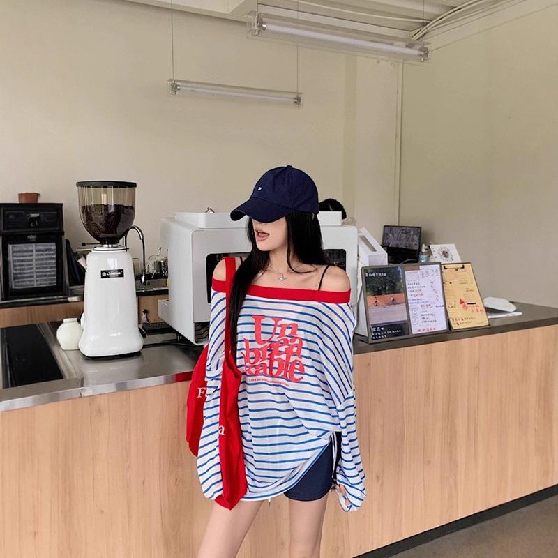 纯欲辣妹露肩撞色条纹薄款防晒衫女夏季宽松休闲中长款气质上衣|undefined
