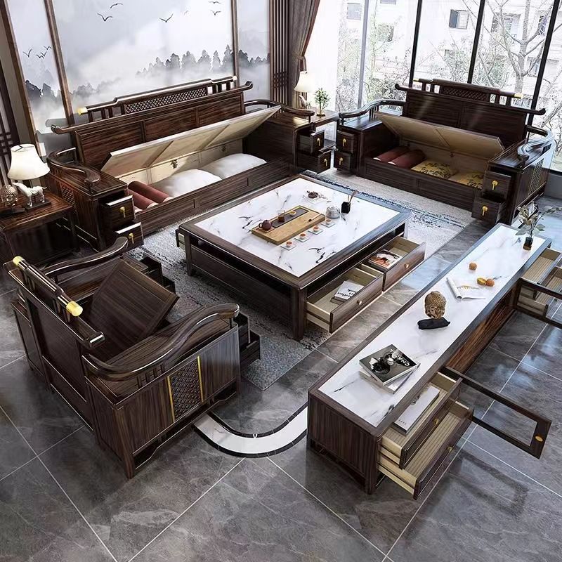 New Chinese Style Ebony Solid Wood Sofa Combination Living Room High-End Atmospheric Winter and Summer Dual-Use Storage Complete Set of Furniture Without