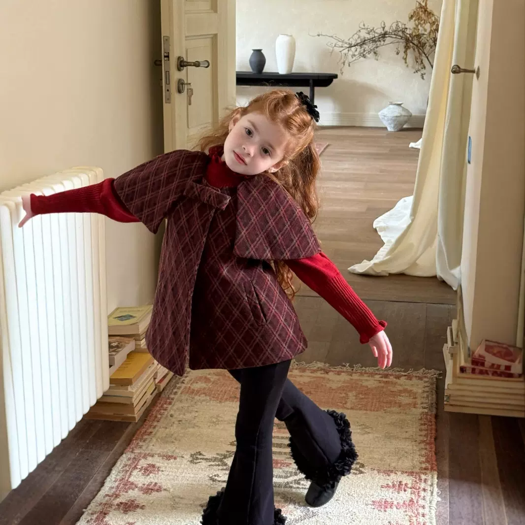 橙乐25冬季 韩版儿童气质斗篷外套 女童复古苏格兰红格夹棉上衣