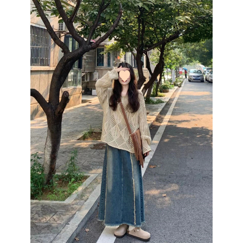秋季盐系穿搭一整套女2025新款镂空针织衫舒适白复古牛仔半身裙|undefined