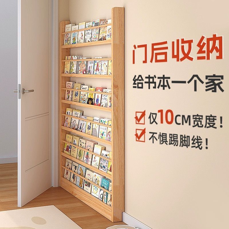 Bookshelf Behind the Door, Home Bedroom Storage Rack, Wall-To-Ceiling Multi-Layer Storage Solid Wood Wall-Mounted Kidsren's Bookcase, Narrow Side Cabinet