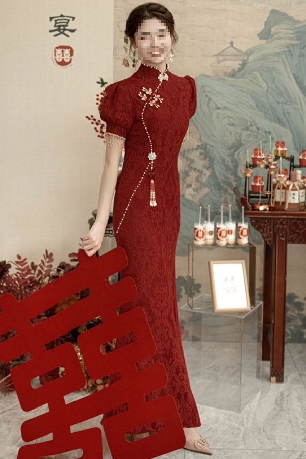 Lace Toast Dress, Bride's Burgundy Chinese Cheongsam, Engagement Dress, Fishtail Homecoming Casual Dress, High-End