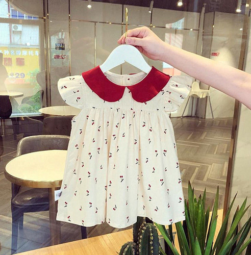 Girls Dress  Thin Children's Summer Style Doll Collar Cherry Small Fresh Baby Baby Dress Trendy