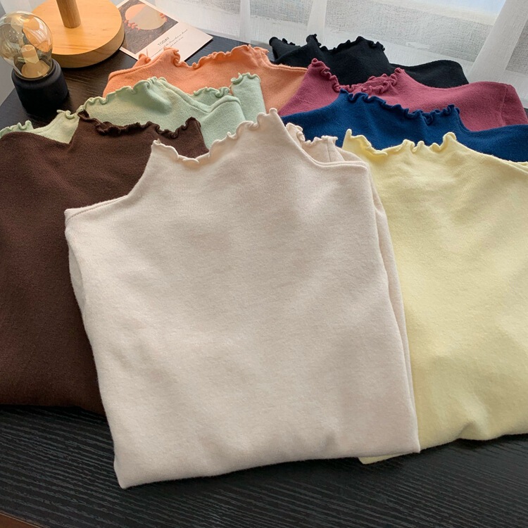 Women's half turtleneck cashmere cored yarn long-sleeved T-shirt 2023 autumn and winter wooden ear mid collar inner knitted bottoming shirt Women's half turtleneck cashmere cored yarn long-sleeved T-shirt 2023 autumn and winter wooden ear mid collar inner knitted bottoming shirt
