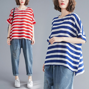 Summer New Trendy 2020 Korean Pine plus size Artistic Striped Loose Short-sleeved T-shirt Women's Top