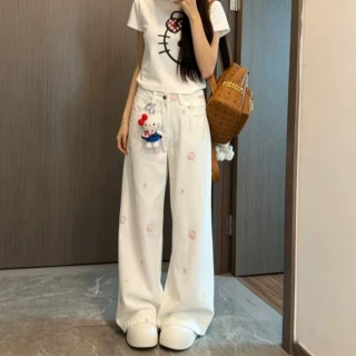 减龄修身百搭白色刺绣牛仔裤女可爱卡通图案高腰阔腿显瘦直筒长裤