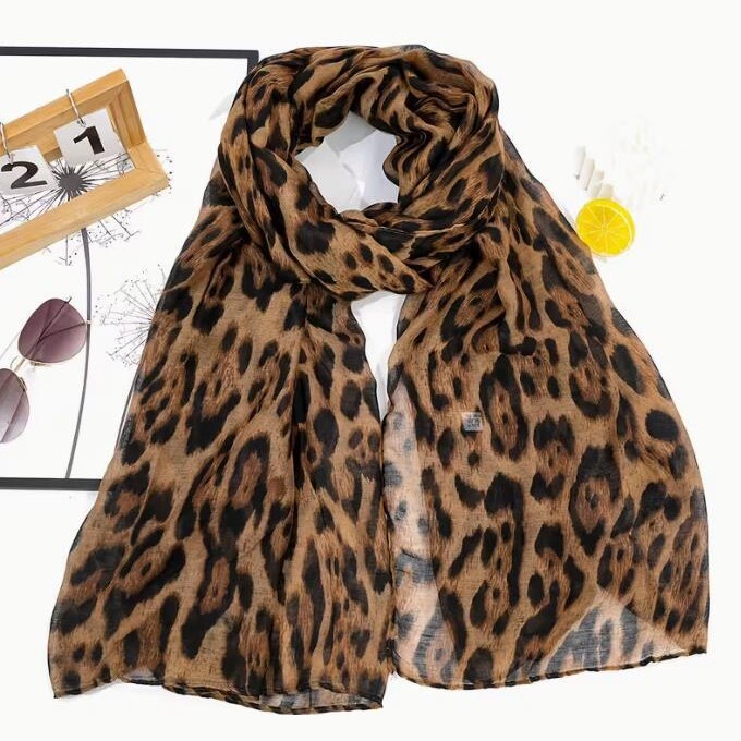Retro Stylish Leopard Print Bali Cotton Linen Silk Scarf, Warm Sun Protection Shawl, Fashionable and Trendy Neck Scarf for Women
