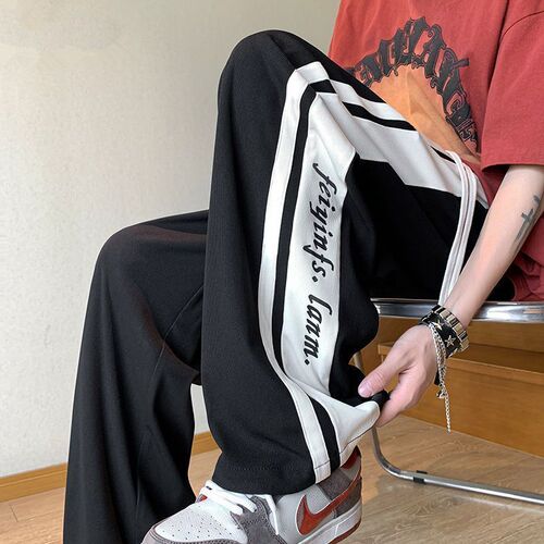 American style high street casual versatile long pants men's spring and summer thin minority sport pants color matching splicing student straight leg pants 