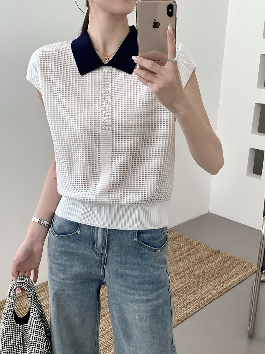 Tencel Wool Light Luxury Waffle Short-Sleeve Women's Sequin Turn-Down Collar Knit Top Slightly Loose Fit 2026 Summer New Style