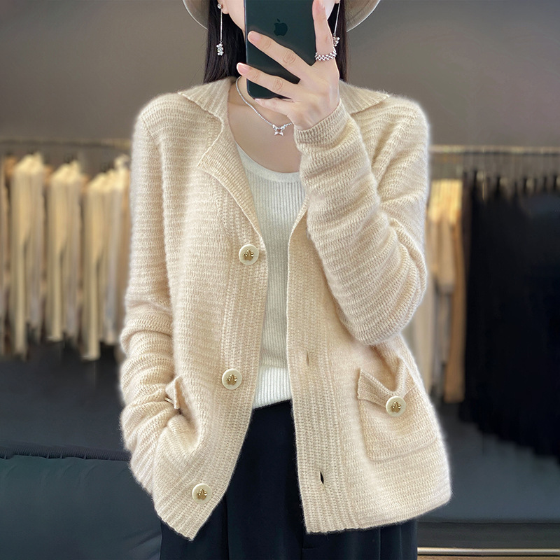 100% Wool Cardigan Women Suit Collar Solid Color Long Sleeve New Top Loose All-match Wool Knitted Sweater Jacket