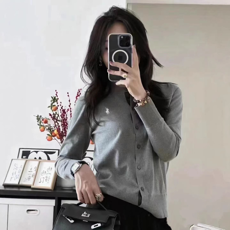 [Original Label with Qr Code] Rl Ralph Lauren Knitted Cardigan in Gray with a Premium Feel, Round Neck, Small Pony Logo, Women's Top