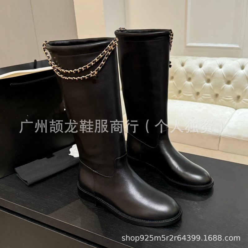 高端2025秋冬小香真皮圆头金属链条平跟套筒高筒骑士靴不过膝长靴|undefined
