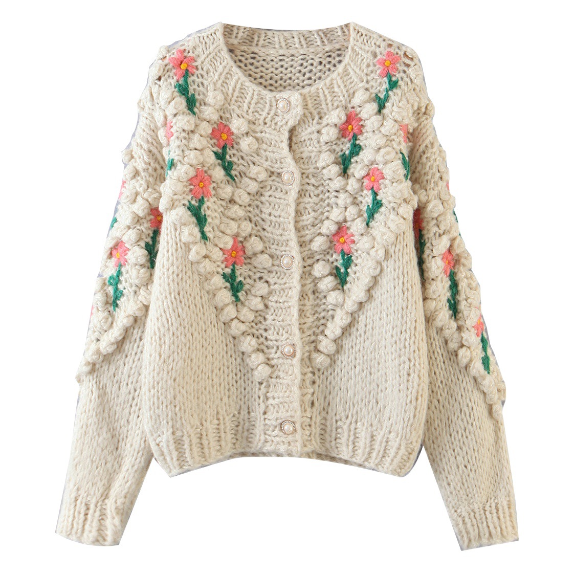 Europeo y americano transfronterizo Amazon otoño e invierno nuevo bordado de ganchillo hecho a mano torcedura perla hebilla suéter de punto cardigan abrigo