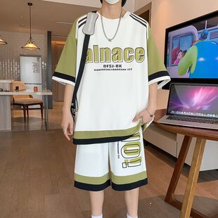 Summer New Short-sleeved T-shirt Men's Youth Leisure Sports suit Shorts Student Handsome Loose Two-piece Set