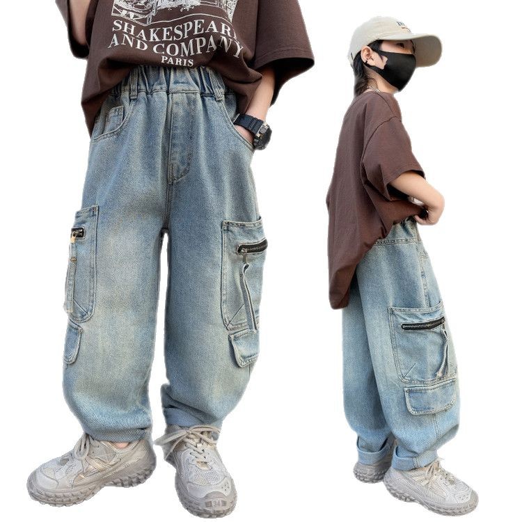 A502 Boys Denim Pocket Zipper Workwear Wide Leg Pants New Children's Miscellaneous European And American Jeans_voghion.com
