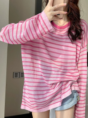 松弛感穿搭条纹冰丝长袖t恤女夏薄款宽松设计感上衣针织防晒罩衫