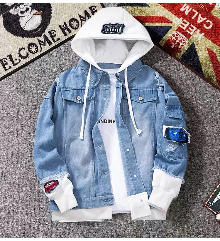 Men's Loose Fit Hooded Denim Jacket Korean Style Workwear Coat False Two-Piece Black Blue Autumn Streetwear with Tags_viptrois.com