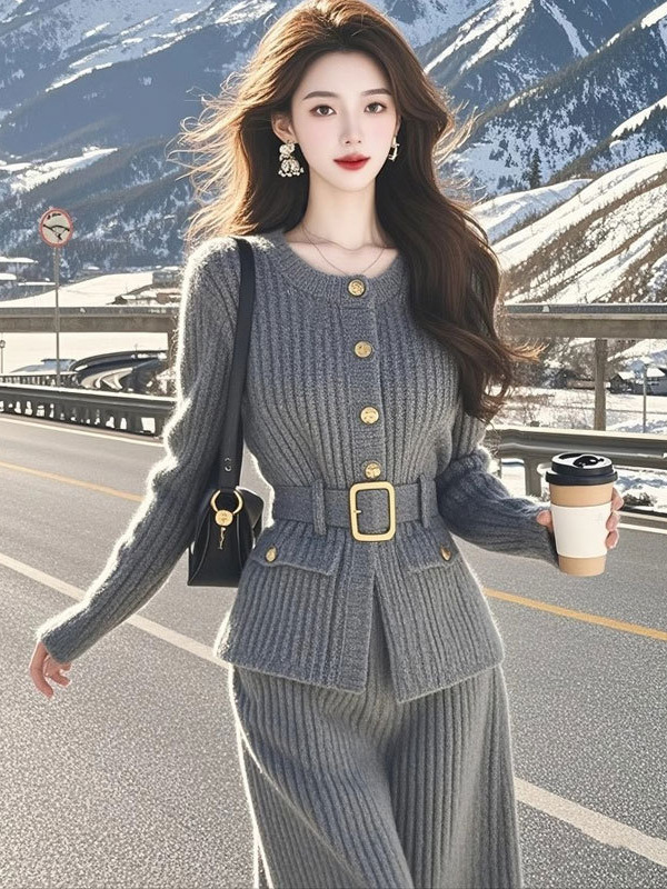 2025秋独特绝美高级感气质显瘦针织外套裤子套装女一整套初冬穿搭|undefined