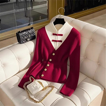外贸大牌折扣店清仓新中式假两件毛衣女年冬季气质小香风针织上衣