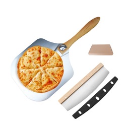 批發鋁製披薩鏟pizza鏟翻轉長柄比薩鏟子蛋糕鏟木柄可拆卸轉移鏟