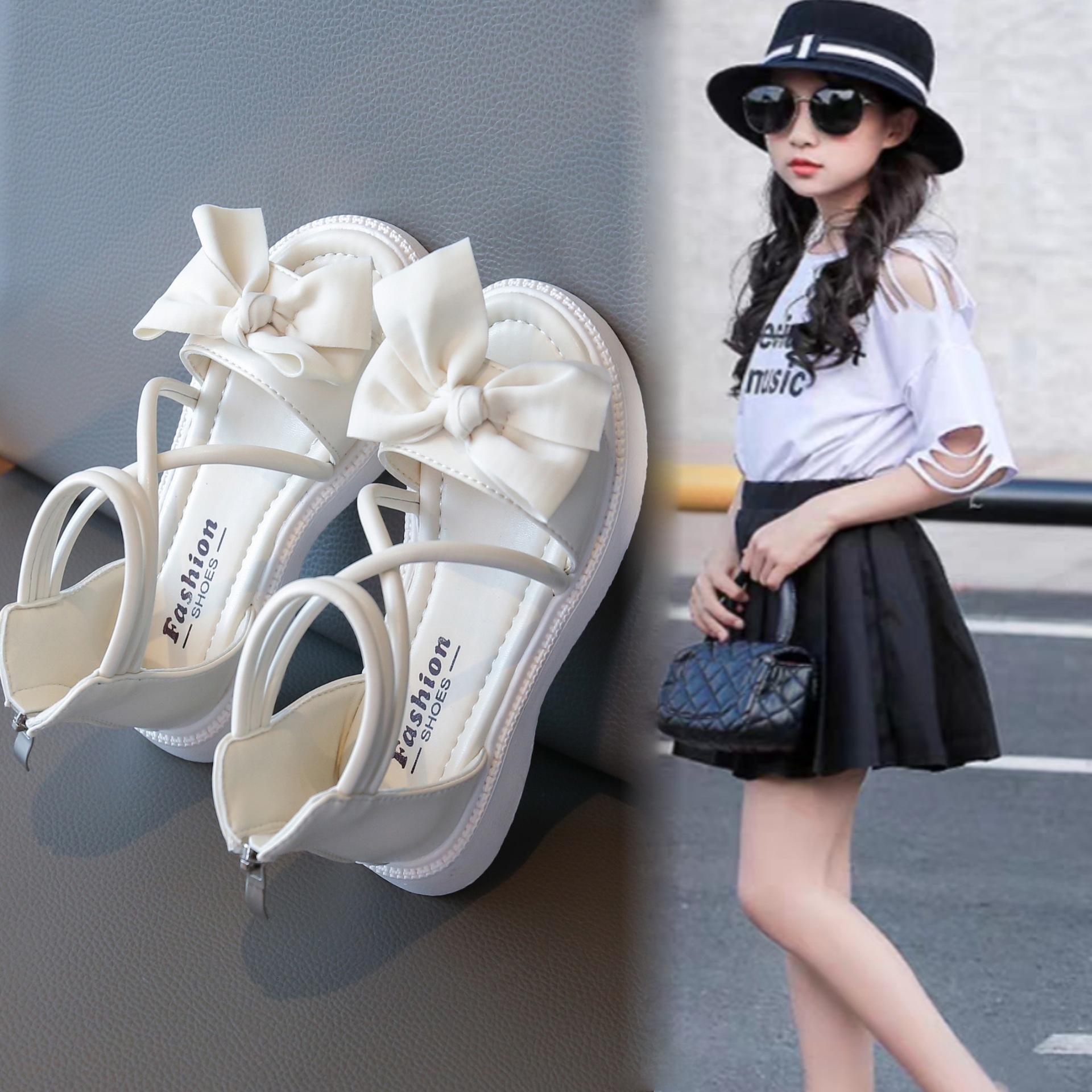 Zapatos de princesa con lazo para niñas Sandalias romanas altas para niños 2025 verano nuevo estilo estilo occidental zapatos de playa para niños grandes image 3