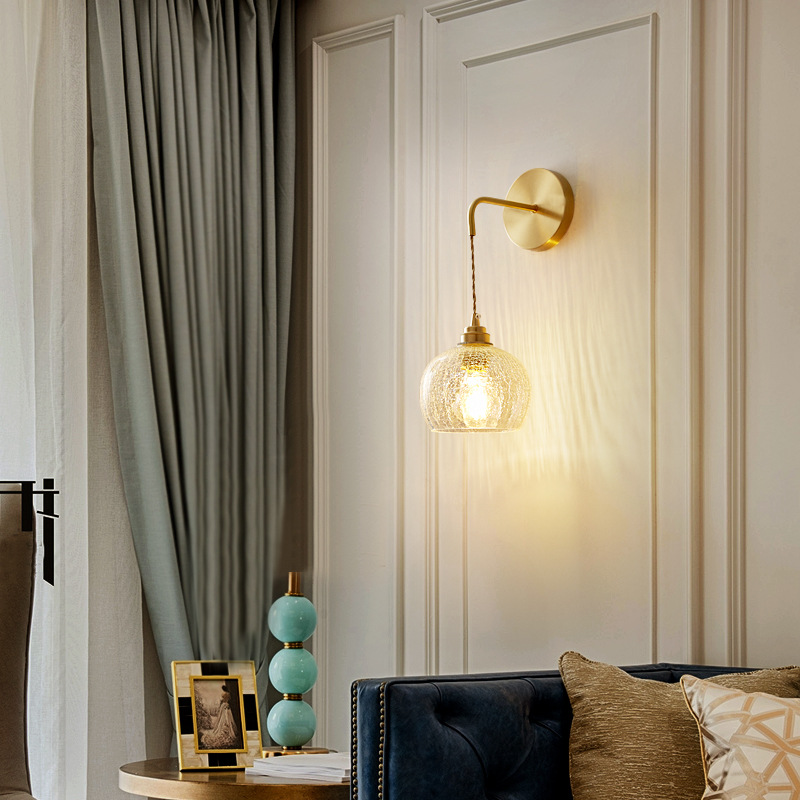 Retro estilo japonés latón cristal lámpara de pared estudio sala de estar dormitorio lámpara de noche sala de té B & B americano nostálgico Cafetería