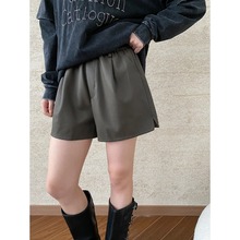 司南 时髦博主风 纹理感PU皮松紧高腰宽松阔腿A字皮短裤 SN6424