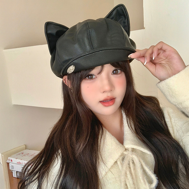 小众设计猫耳朵黑色贝雷帽女甜美可爱百搭大头围八角云朵报童帽子|undefined
