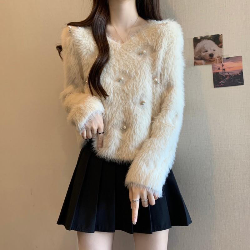 Plus Size High-End Small Fragrance Mink Velvet Knitted Sweater for Women in Spring & Fall Fat and Slimming Look Unique Inner Short Top