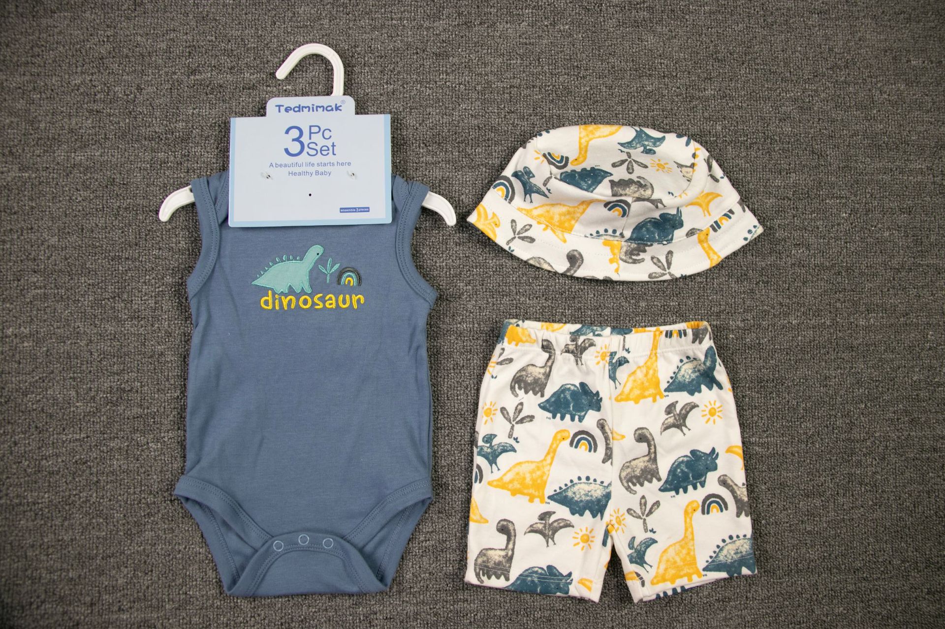 Comercio exterior chaleco de bebé de verano para hombres y mujeres con tres piezas con sombrero, ropa de trepa, ropa de bebé de verano delgada