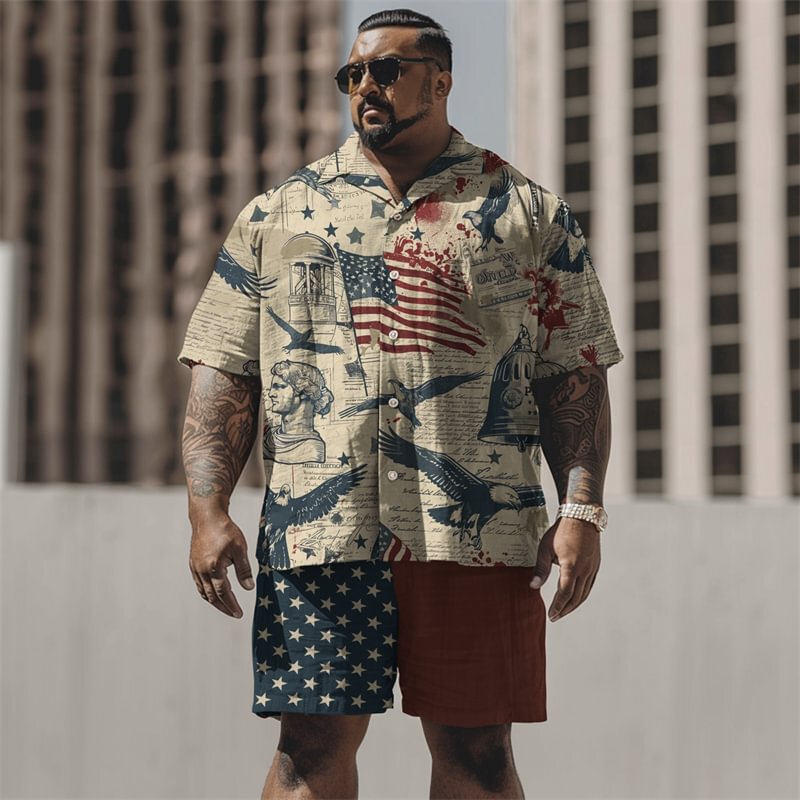 Cross-Border Hot Selling New Men's Trendy Printed Retro American Patriot Large Size Short-Sleeved Shirt Suit