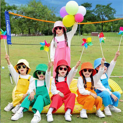 Children's performance costumes for kindergarten dance, adjustable straps long pants for boys and girls, halter pants attire, cheerleading outfits