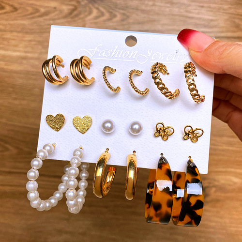 European and American cross-border retro love butterfly earrings set 9-piece creative snake-shaped sword mushroom earrings wholesale