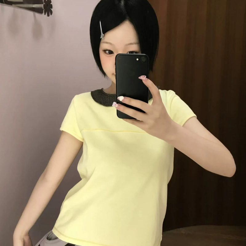 Black Patchwork/Printed Doll Collar Color-Blocked Age-Reducing Short-Sleeve T-Shirt with a Fitted Fit