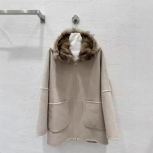 秋冬新款女装宽松慵懒风紫标貂连帽羊绒羊毛大衣中长款洋气