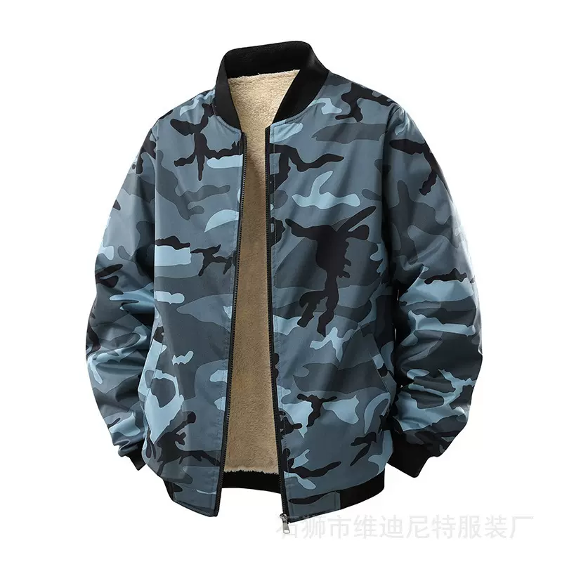 跨境专版欧码加绒加厚迷彩外套羊羔绒户外穿飞行夹克衫大码棒球服