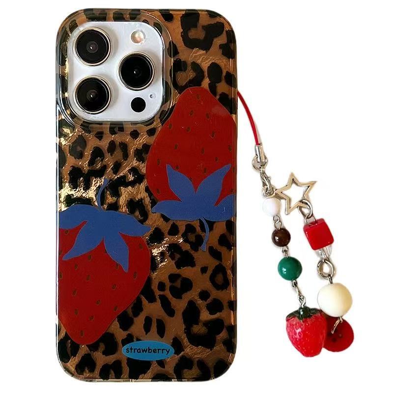 Dulce y cool chica con estampado de leopardo fresa 15ProMax nueva funda para teléfono iphone16 para Apple 14 mujer 13 colgante