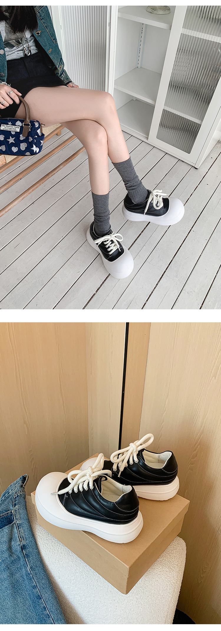 Giày sneaker nữ chunky đế dày da thật phối màu mũi to bản — màu đen, màu trắng chi tiết 16