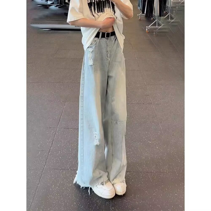 Light Blue Hip-Hop Ripped Jeans for Men and Women, High-End Raw Edge Straight Pants, Wasteland Style Wide-Leg Floor-Length Pants