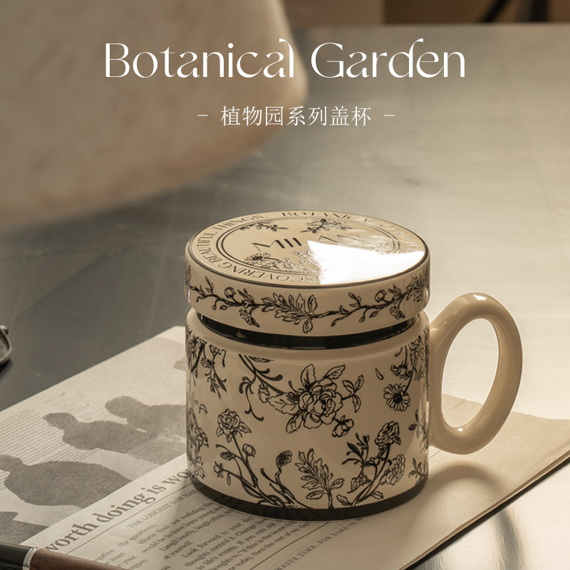 Botanical Garden Korean Dust-proof Milk Breakfast Cup Office Mug Couple Cup Ceramic Coffee Cup with Lid Water Cup