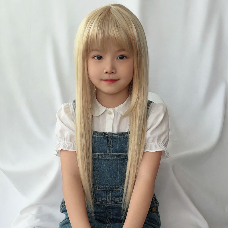 Children's Wig for Little Girls, Realistic Long Straight Hair, Lolita Princess Cut with Bangs, Full Head Wig, Wholesale from Manufacturer