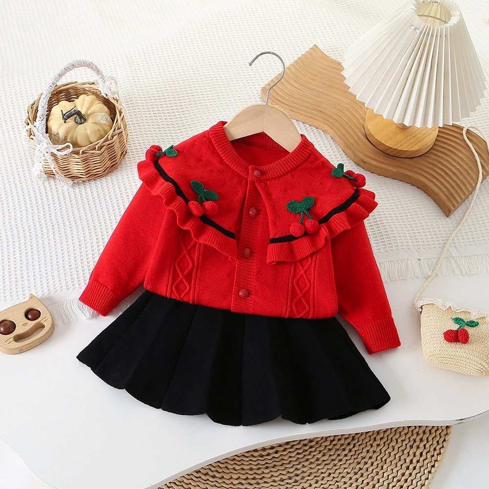 Children's three dimensional sweater, knitted girl's skirt, long-sleeve, set