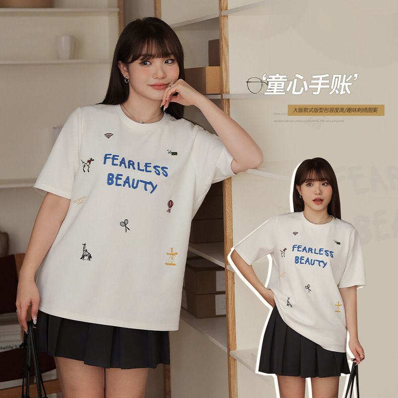 Korean Style Interesting Contrast Embroidered Shoulder Crewneck Top chubby girl plus size Loose Slimming All-match Short-sleeved T-shirt 65215