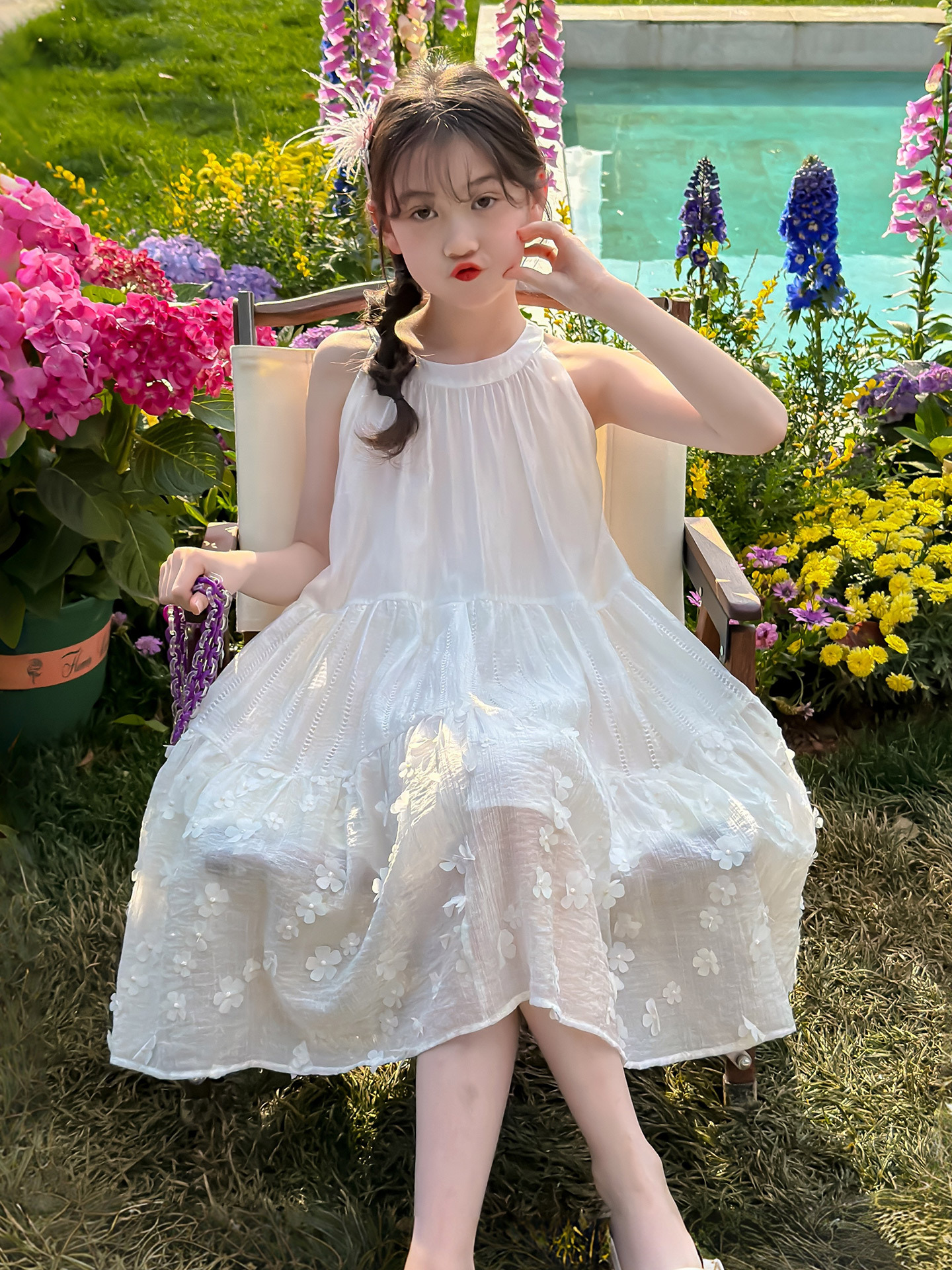 Summer children's elegant beach dress with sleeves sleevless